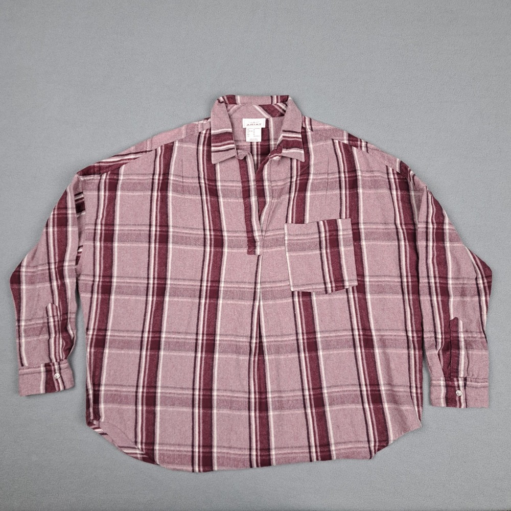 Ariat Flannel Shirt Womens Medium Tunic Red Slouchy Oversized Cowgirl New